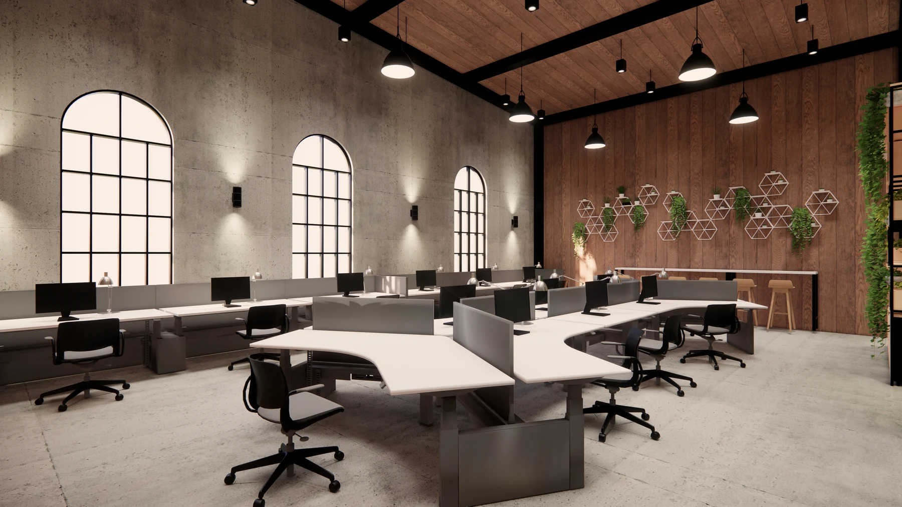 Open-plan office with pendant and ceiling lighting