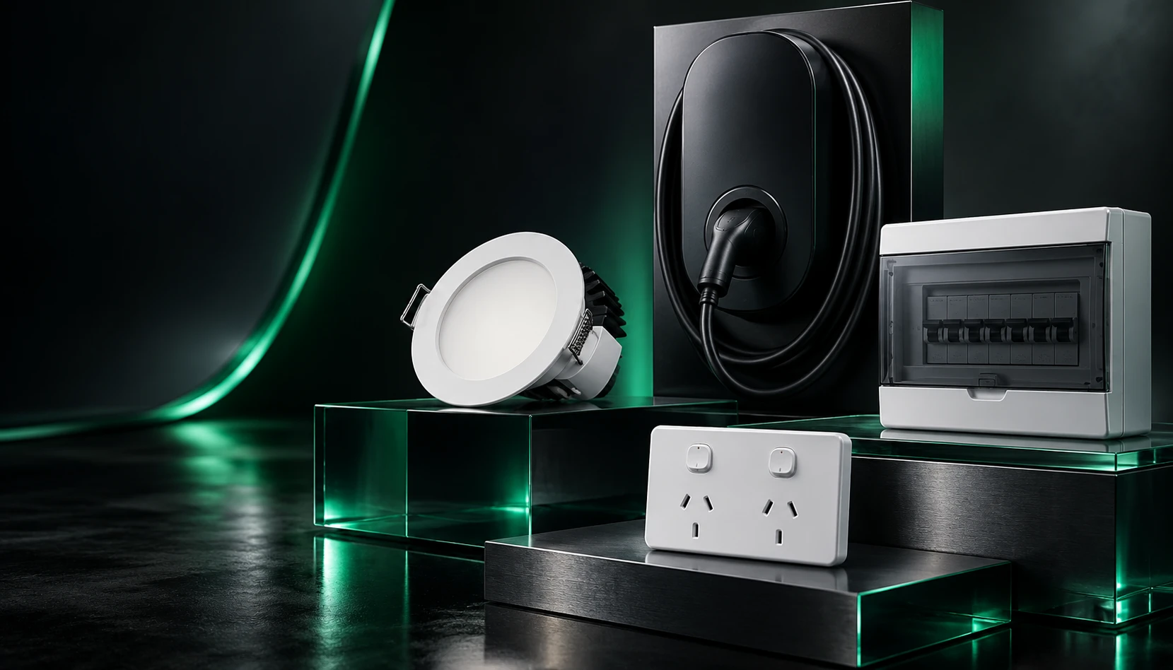 Illustrative downlight, power socket, switchboard and EV charger composition