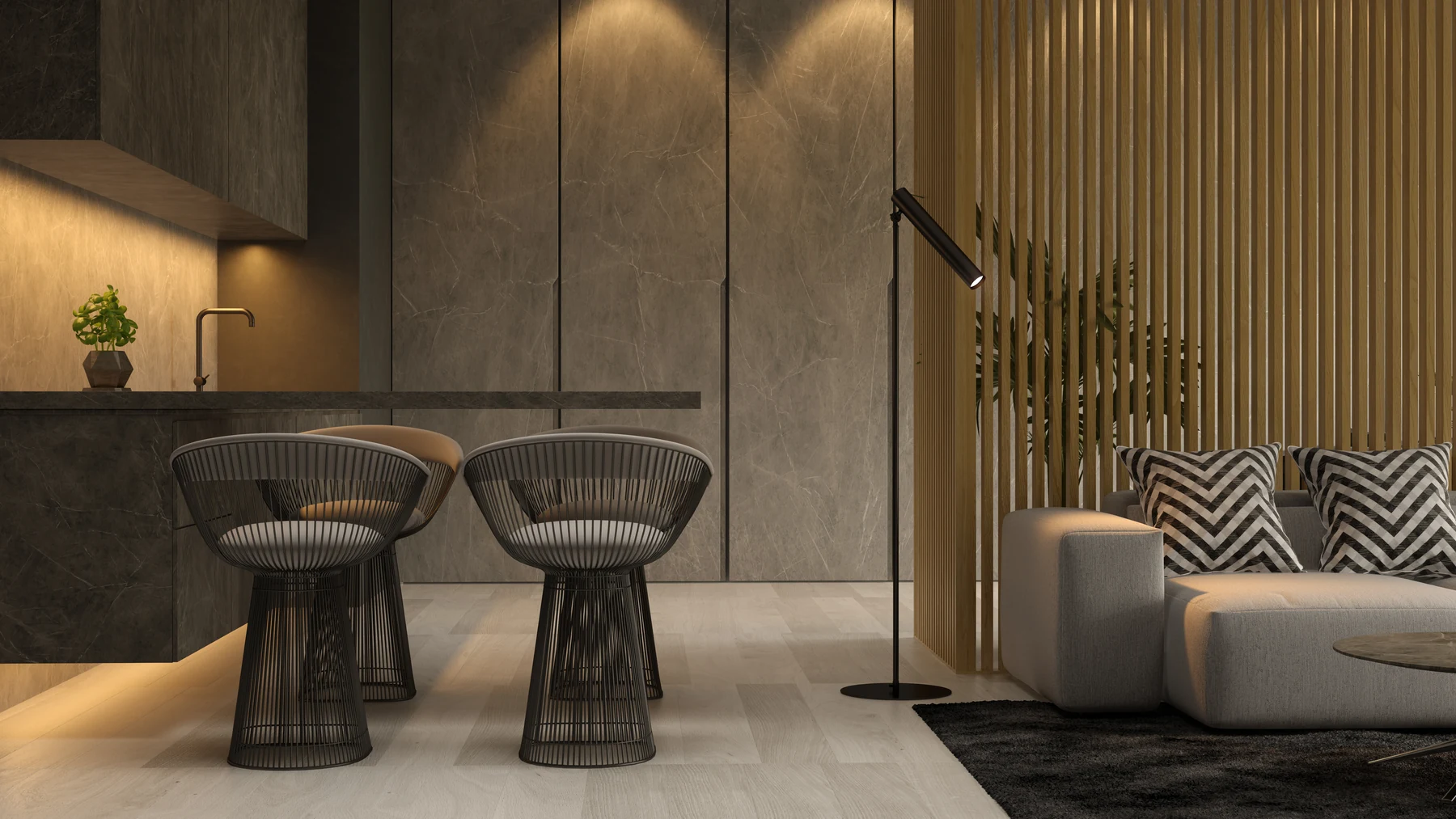 Contemporary home interior with integrated lighting