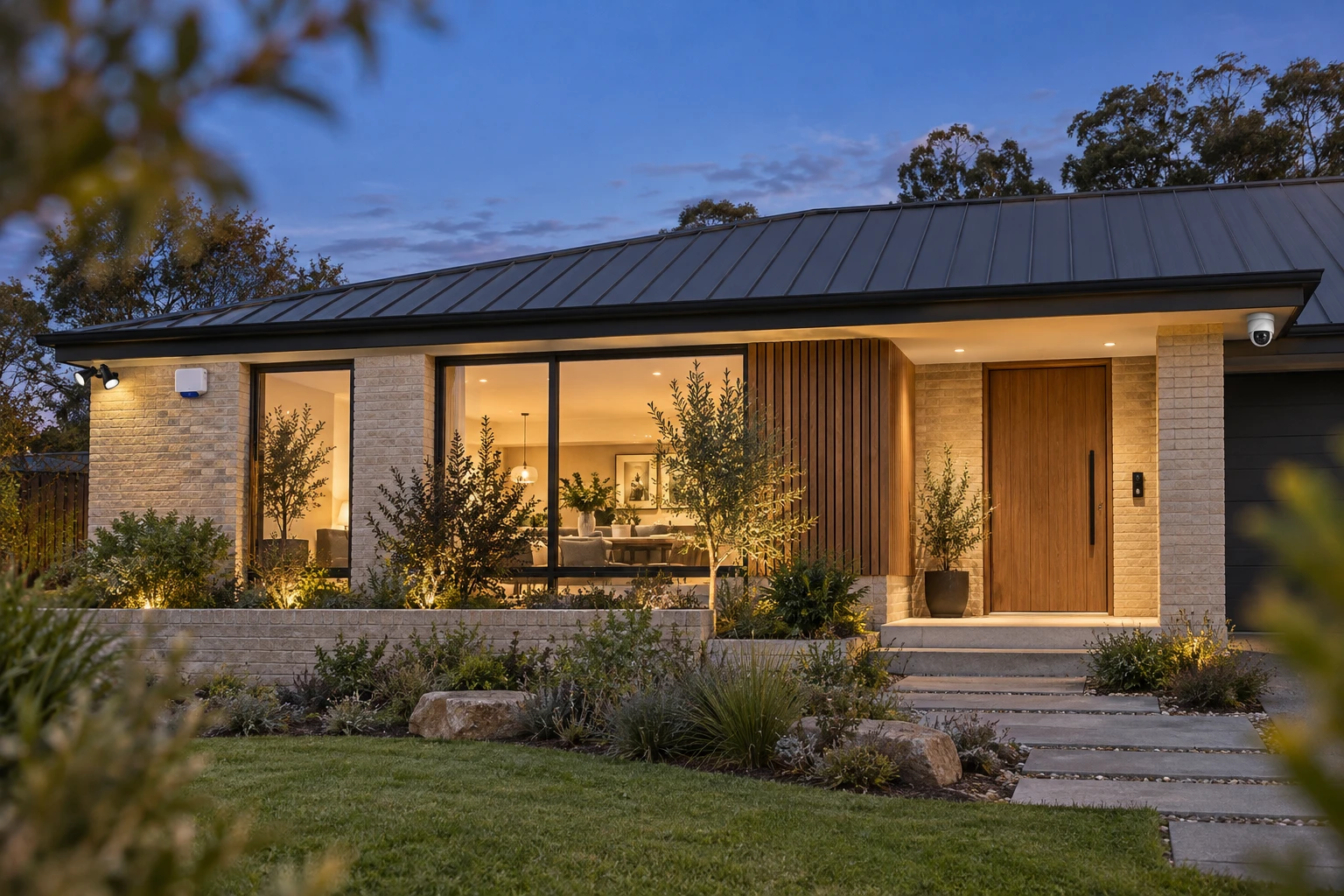 Illustrative contemporary Sydney home showing camera, intercom, alarm siren and sensor lighting